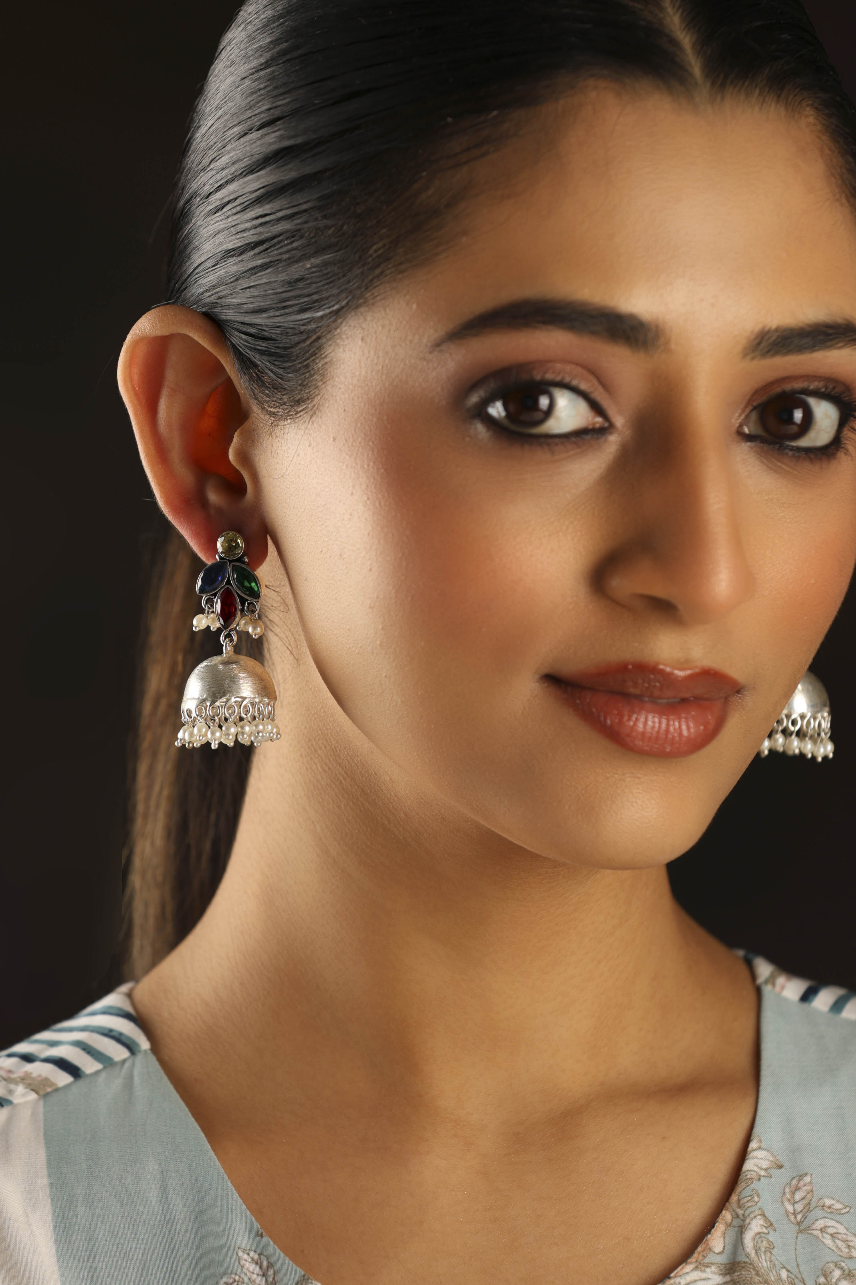 Multicoloured Oxidised Brass Studded Jhumkas image number 3