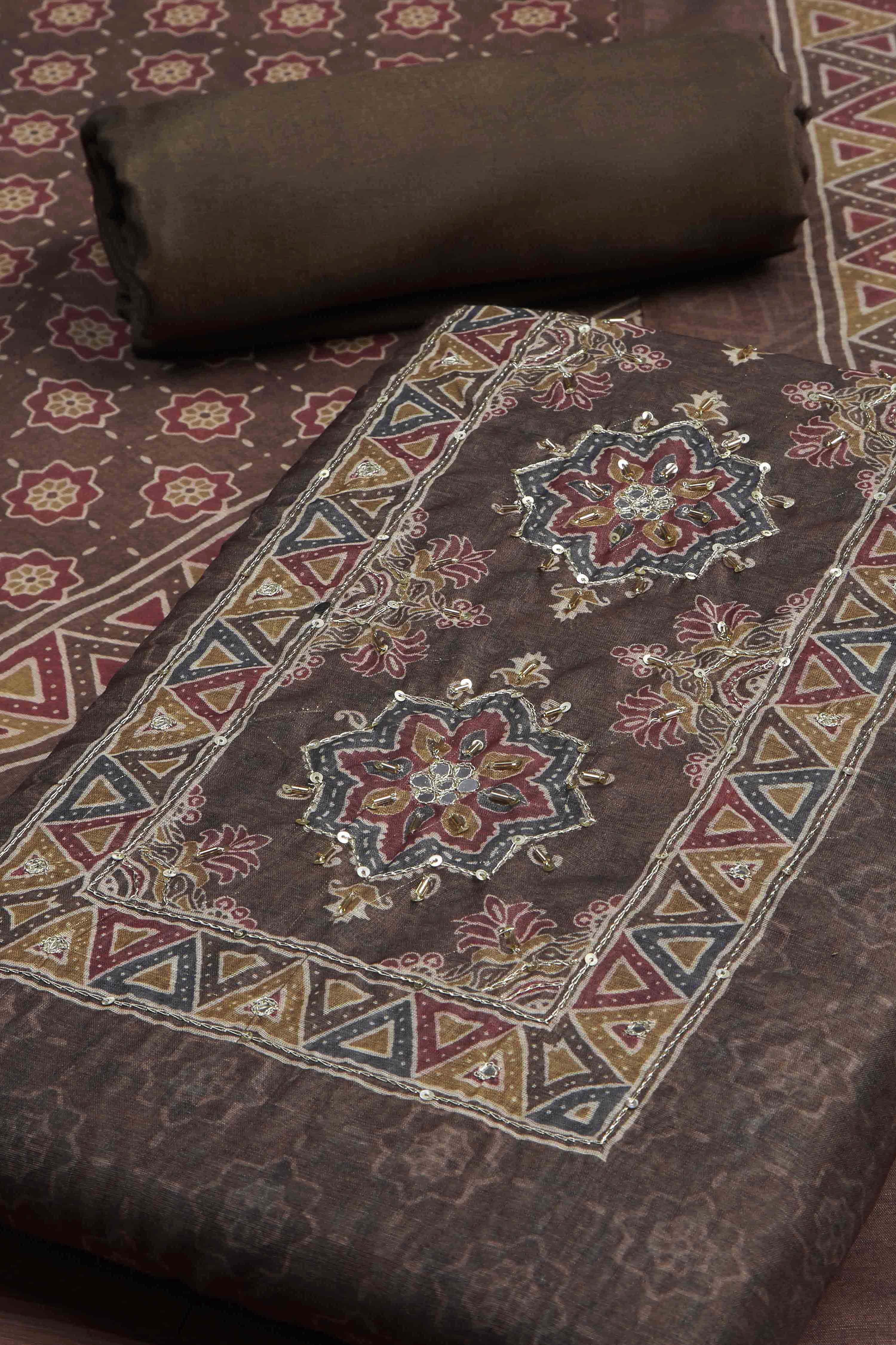 Grey Chanderi Rajasthani Print Unstitched Suit Set image number 1