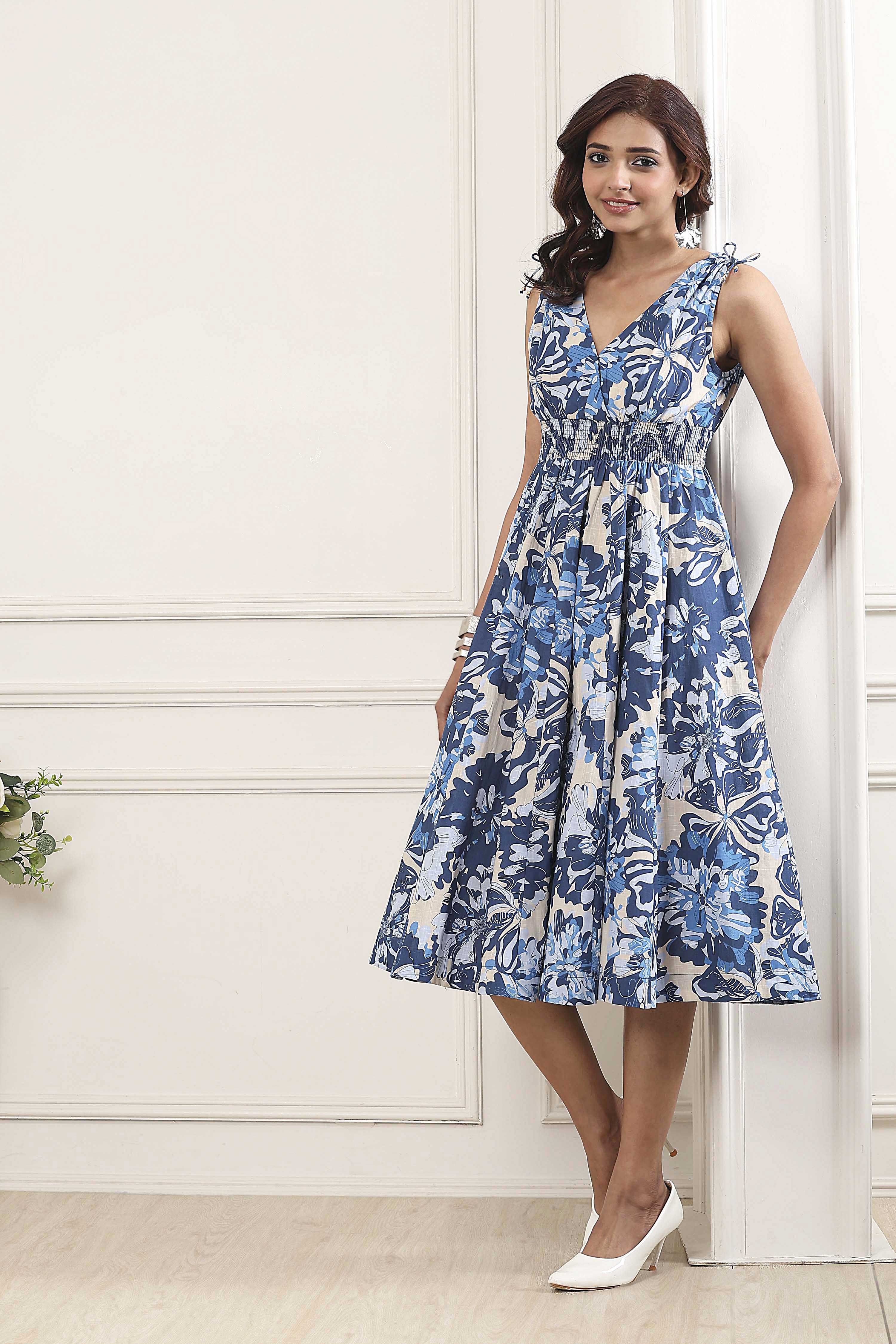 Blue Cotton Printed Kalidar Flared Dress image number 0