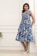 Blue Cotton Printed Kalidar Flared Dress