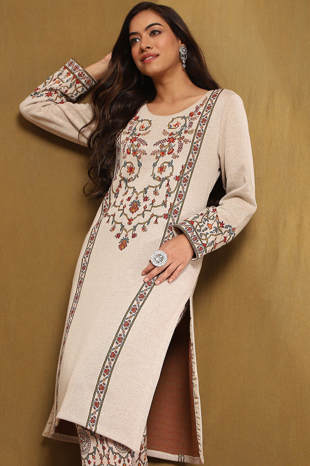 Ivory Jacquard Printed Straight Winter wear Kurta Set image number 1