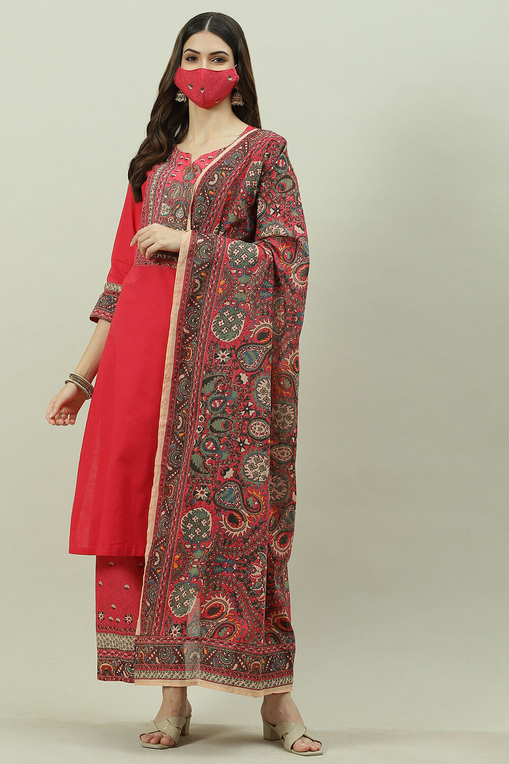Red Cotton Straight Kurta Palazzo Suit Set image number 8