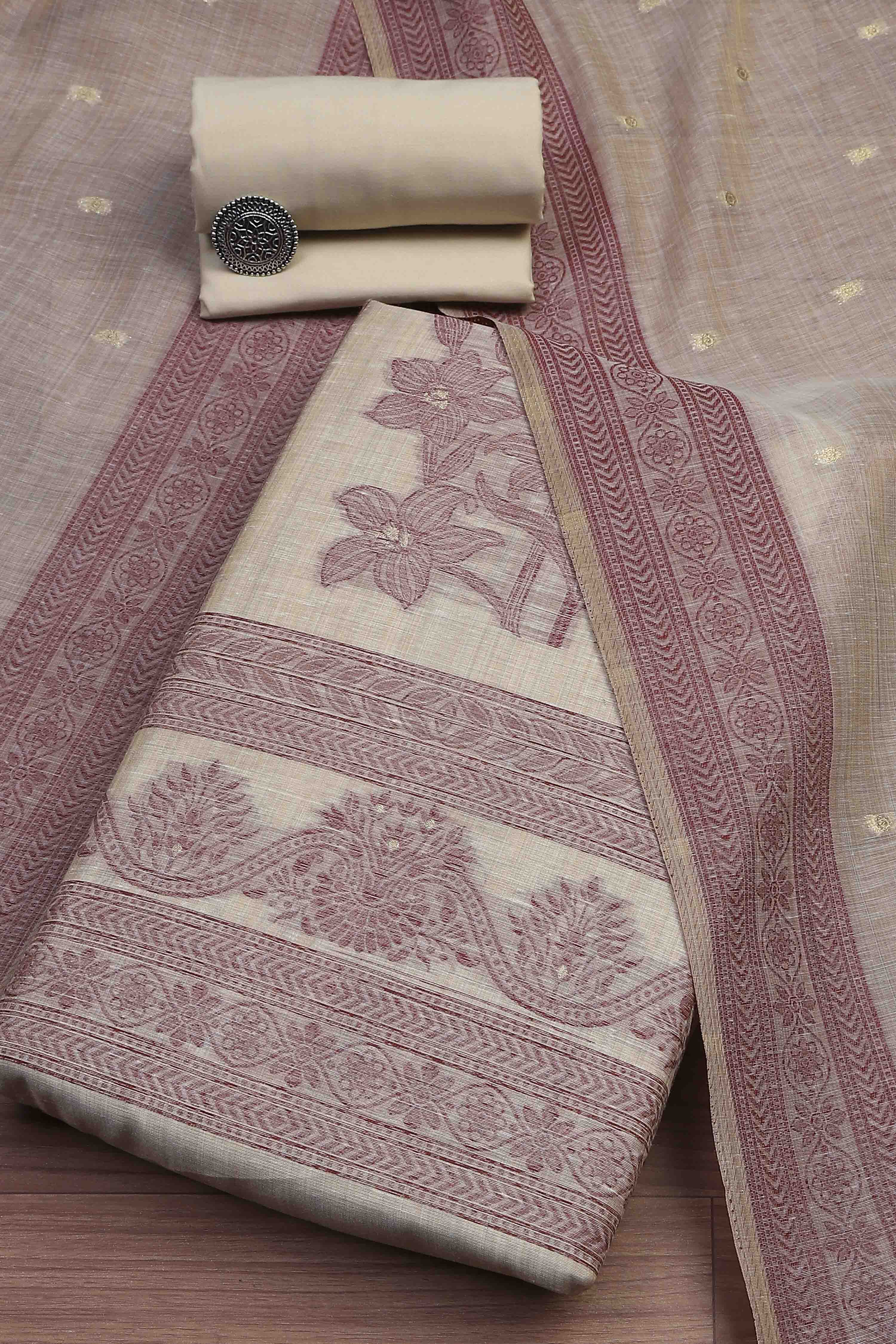 Pink Cotton Royal-Mughal Booti Print Unstitched Suit Set image number 0