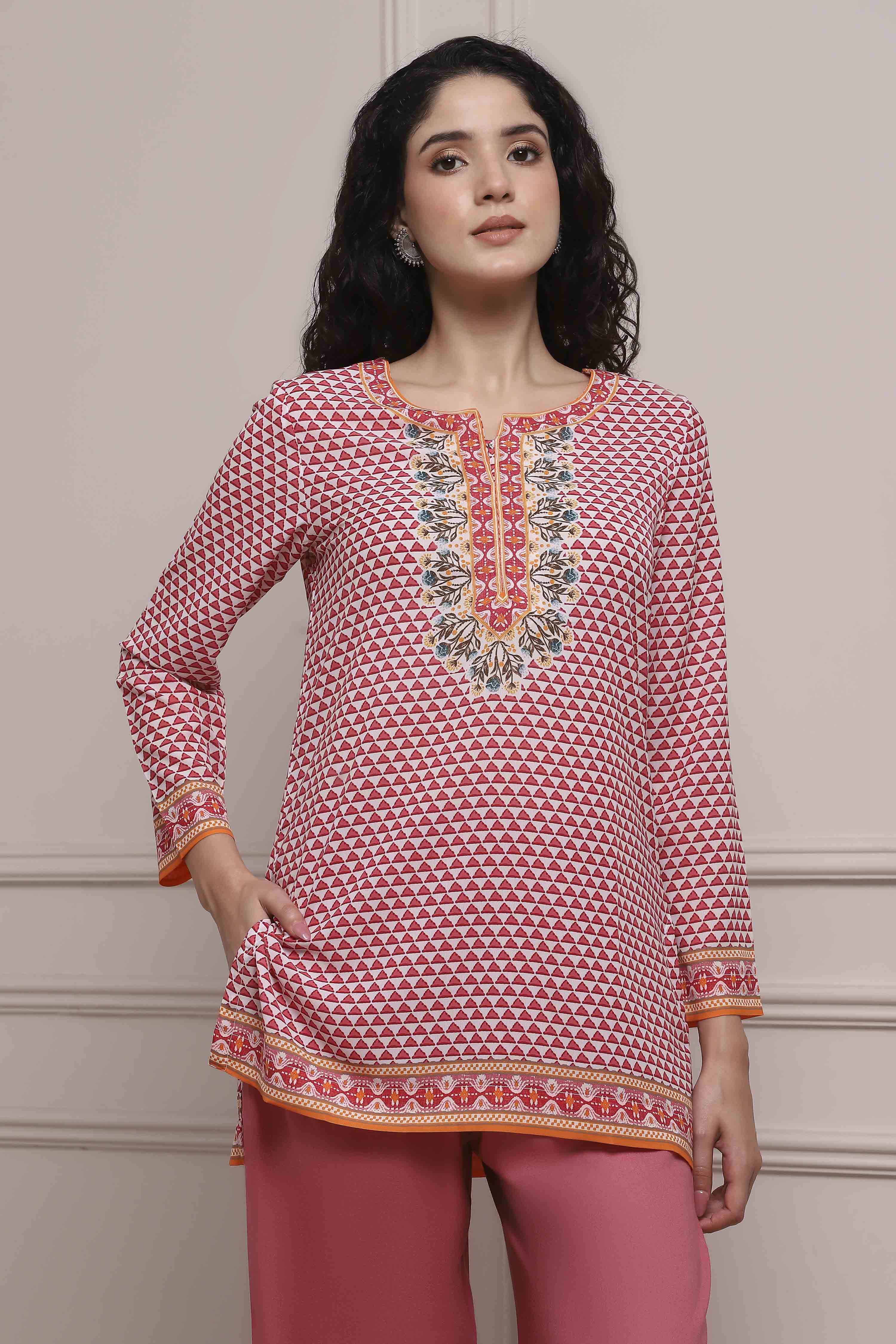 Red Art Silk Printed Straight Short Kurta image number 0
