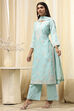 Aqua Cotton Silk Embroidered Straight Suit Set image number 3