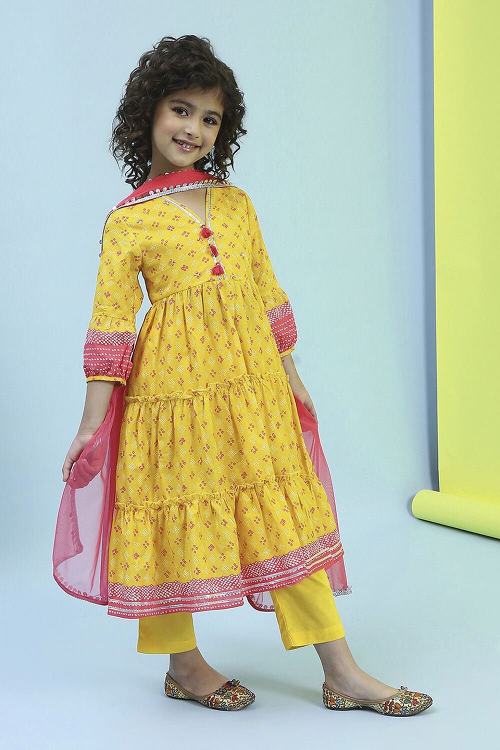 Yellow Cotton Printed Tiered Suit Set image number 5