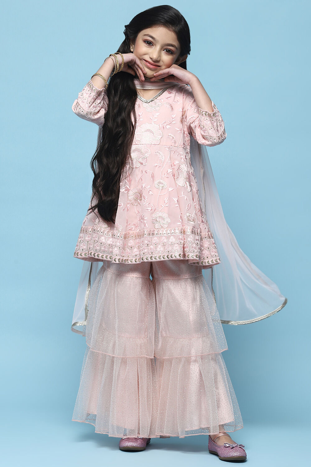 Pink Embroidered Georgette Peplum Sharara Suit Set image number 0