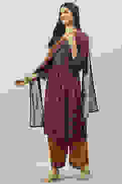 Maroon and Green Viscose Flared Kurta Palazzo Suit Set image number 2