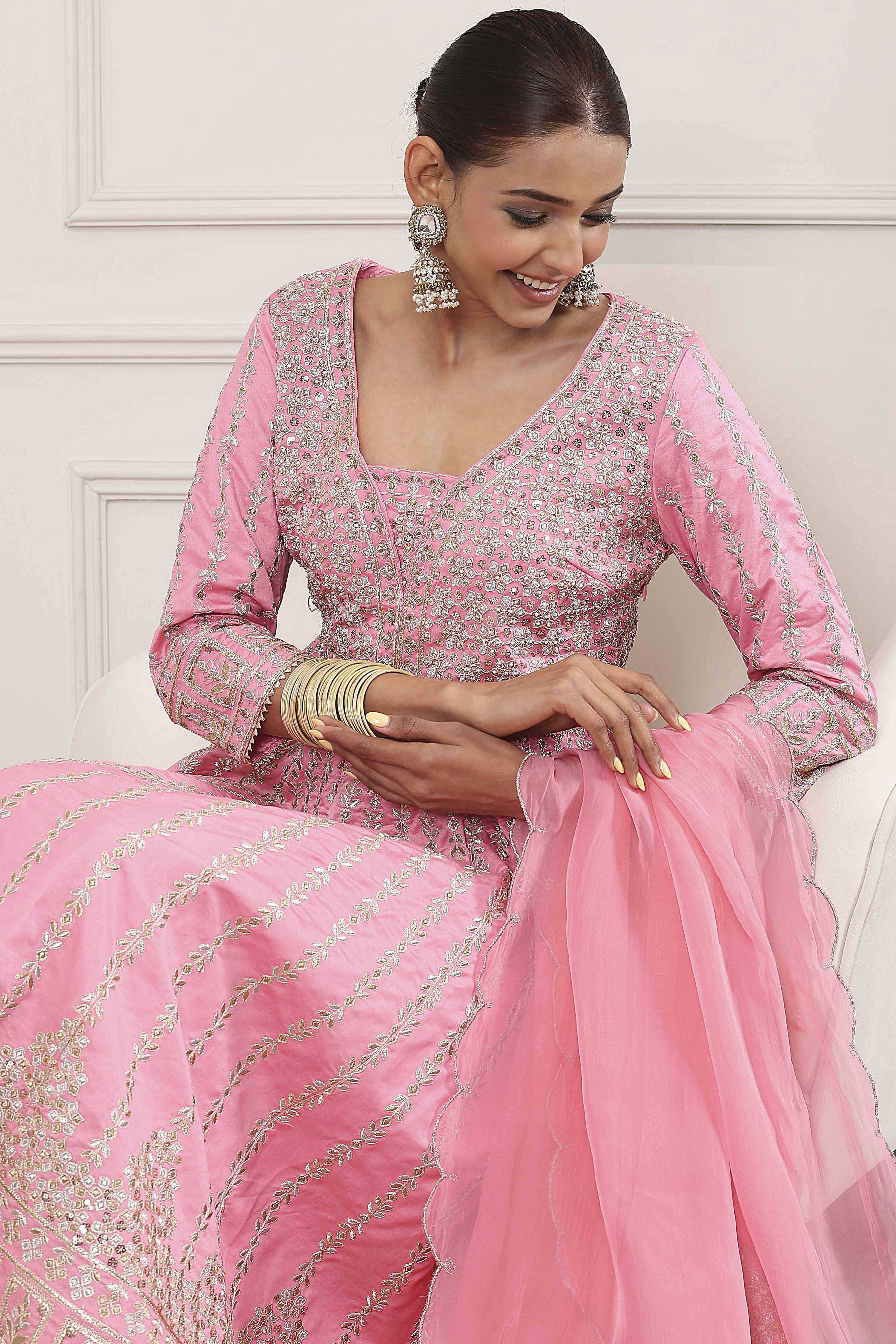 Rose Pink Cotton Silk Anarkali Suit Set image number 5