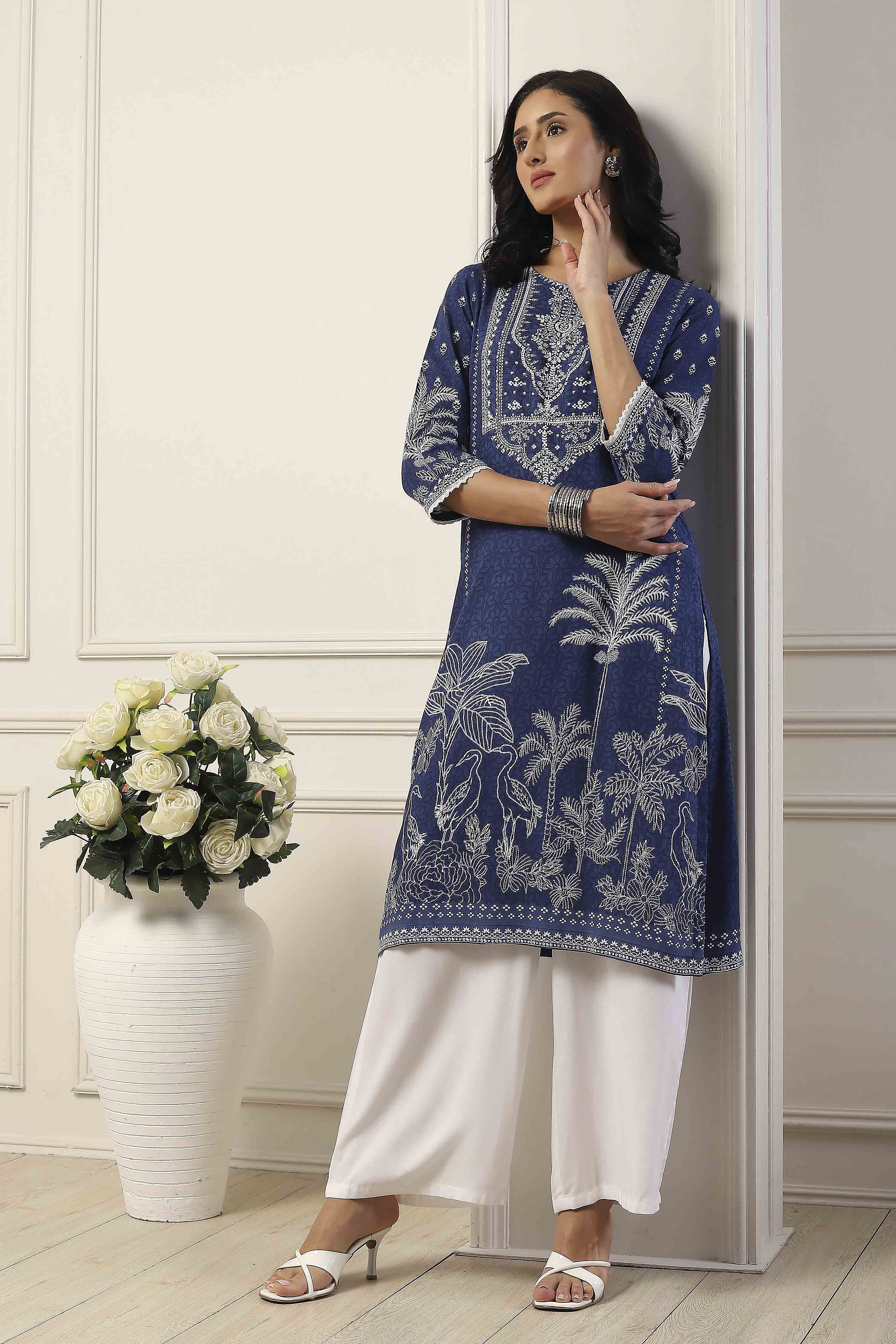Blue Viscose Rayon Floral Printed Straight Kurta image number 0