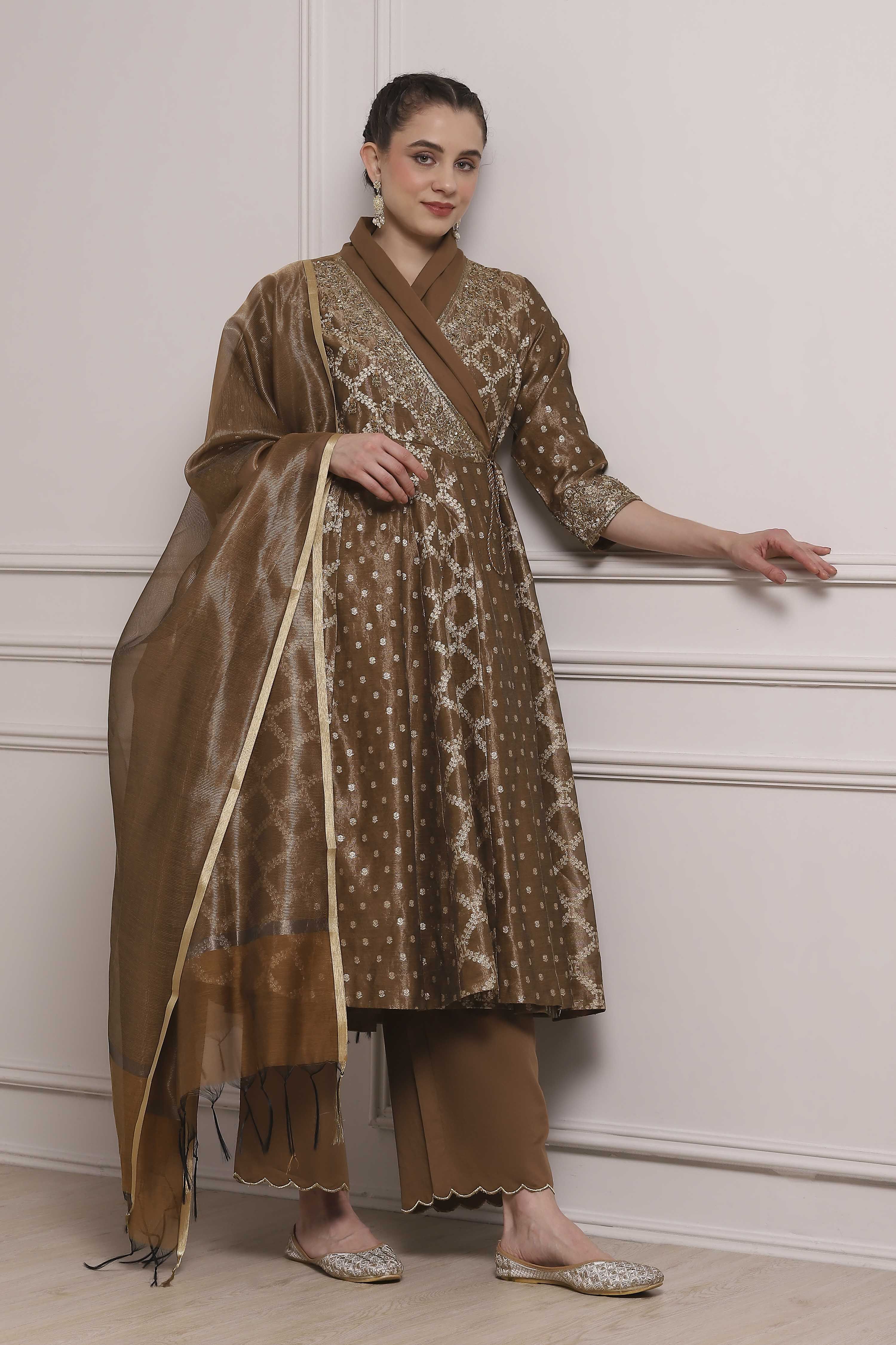 Brown Cotton Anarkali Yarndyed Suit Set image number 0