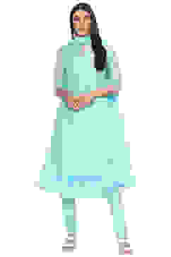 Turquoise Cotton Blend Layered Kurta Churidar Suit Set image number 0