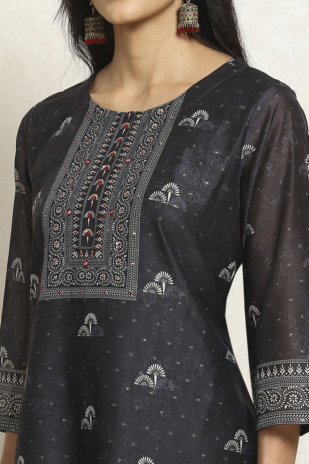 Charcoal Chanderi Floral Printed Unstitched Suit Set image number 2