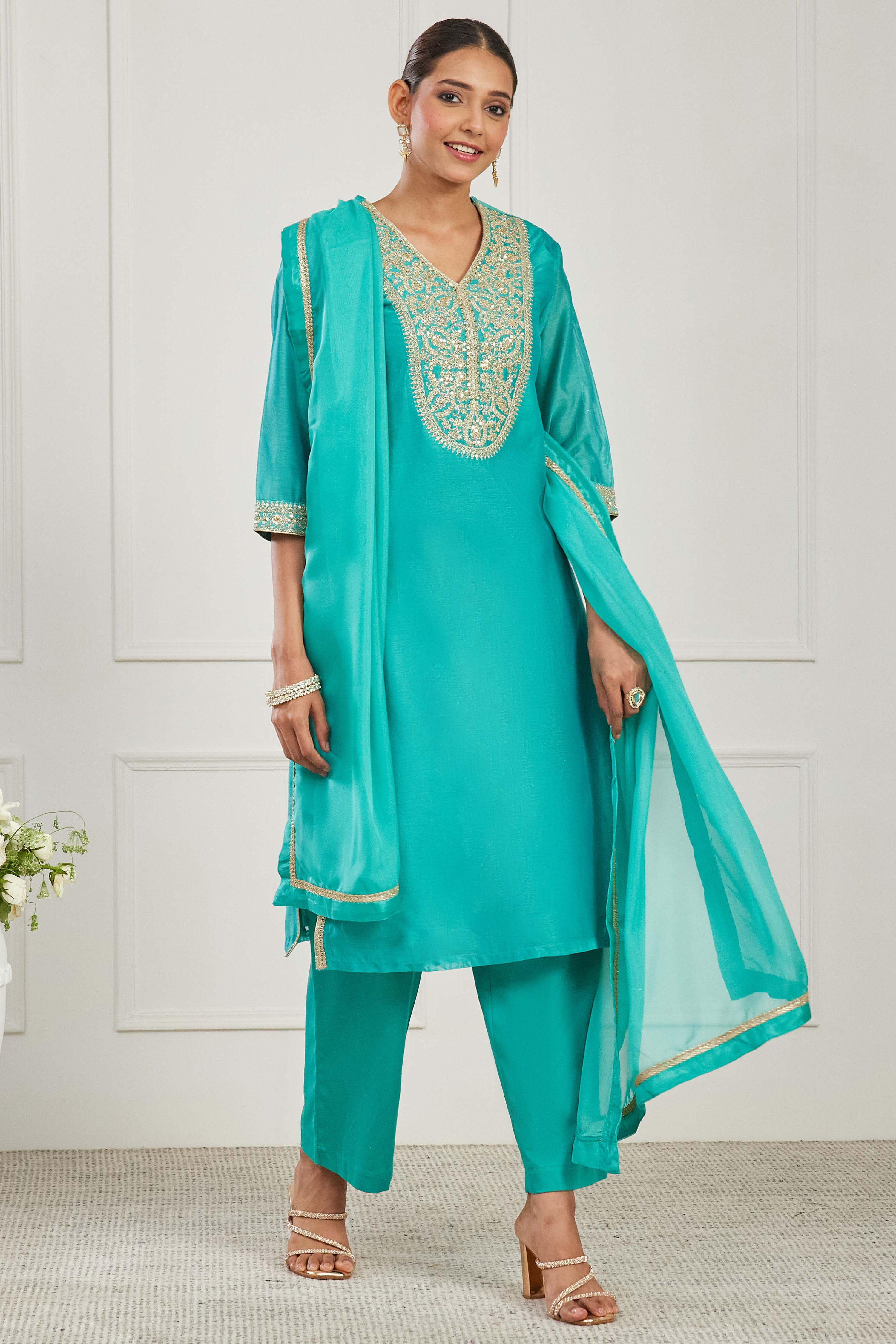Turquoise Cotton Silk Printed Straight Kurta Set image number 5