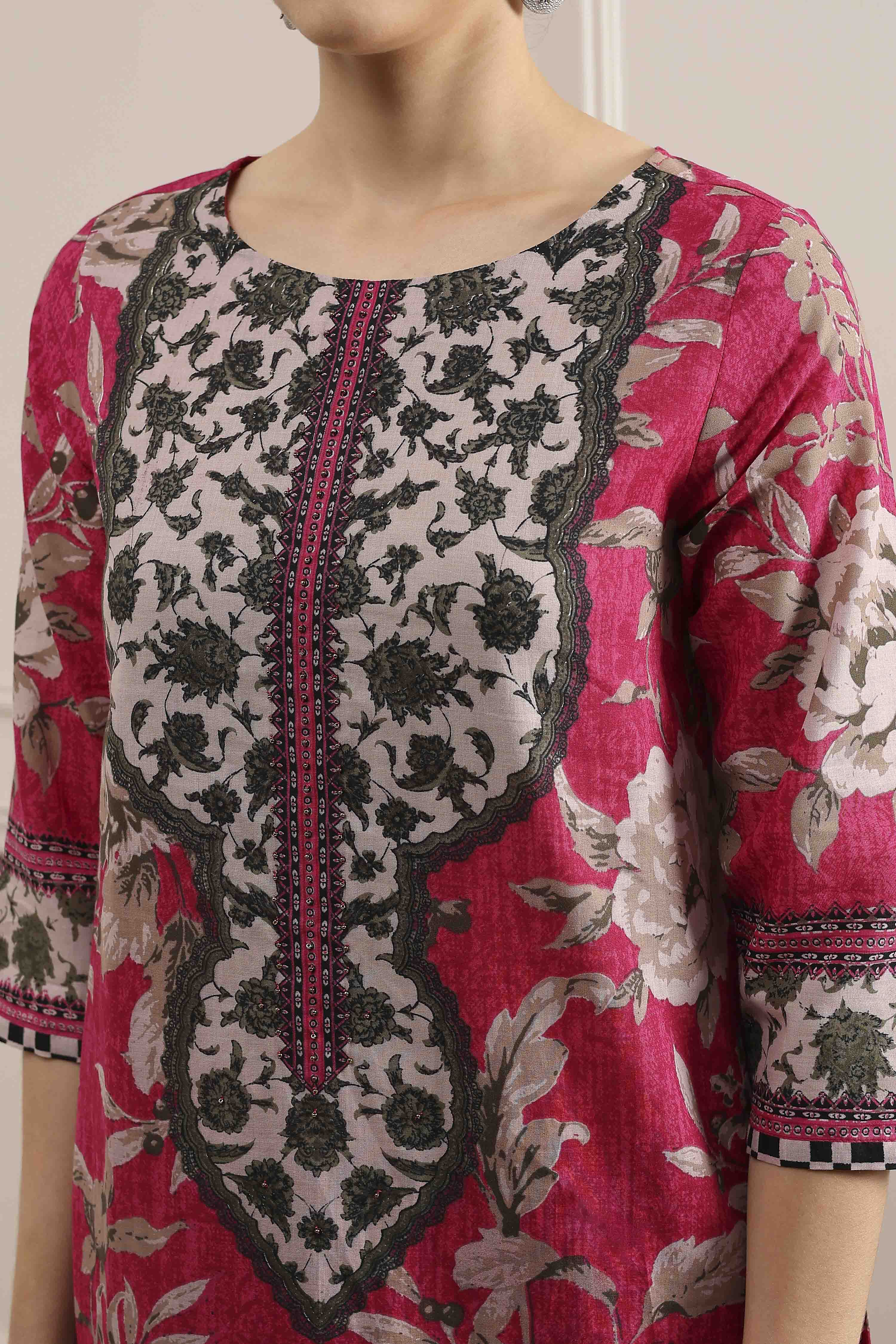 Pink Cotton Printed Straight Kurta image number 1