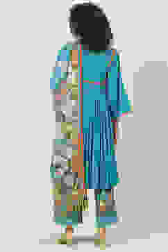 Turquoise Blue Art Silk Gathered Kurta Palazzo Suit Set image number 2