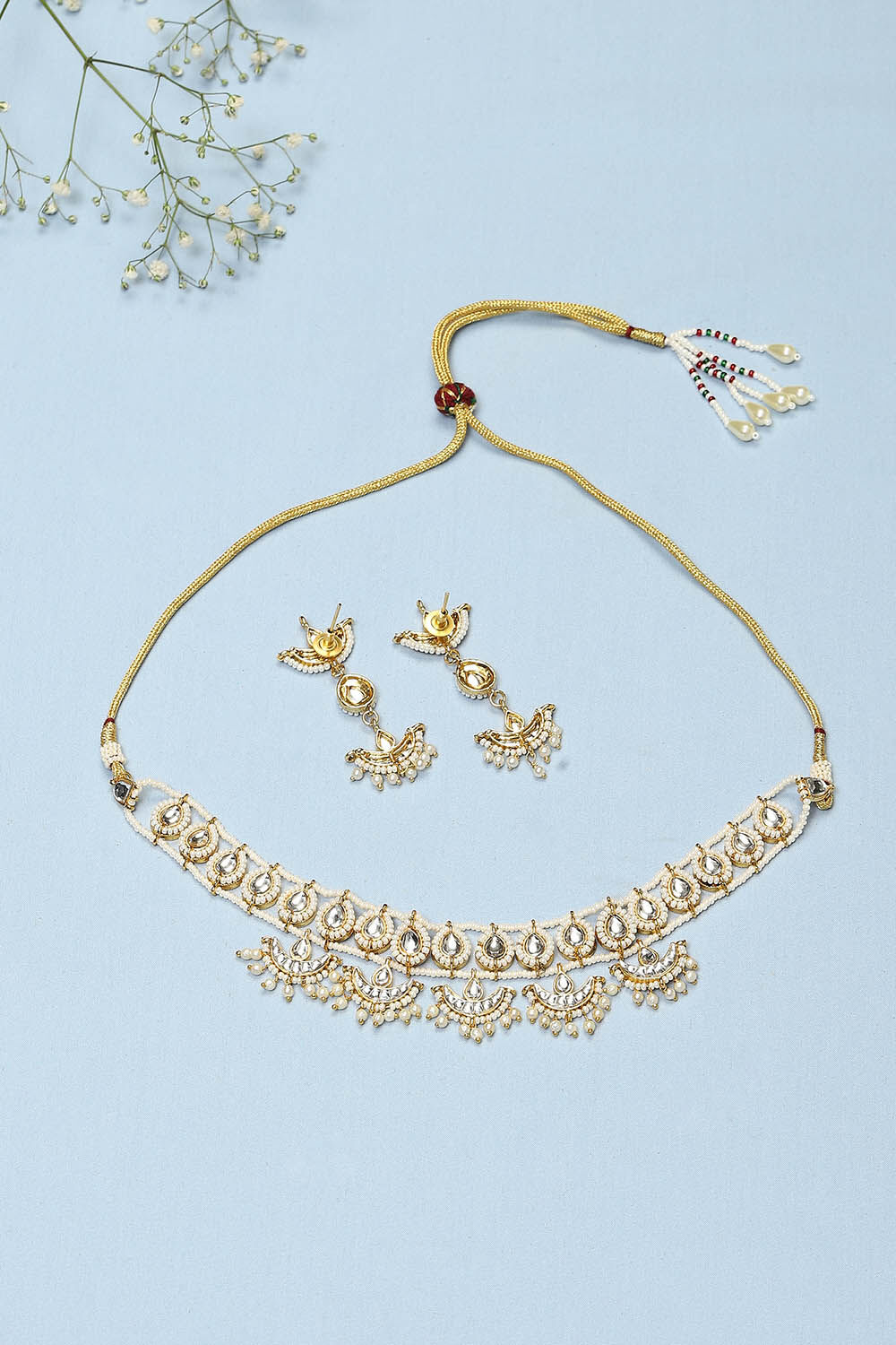 Gold Pearl Brass Necklace Set image number 2