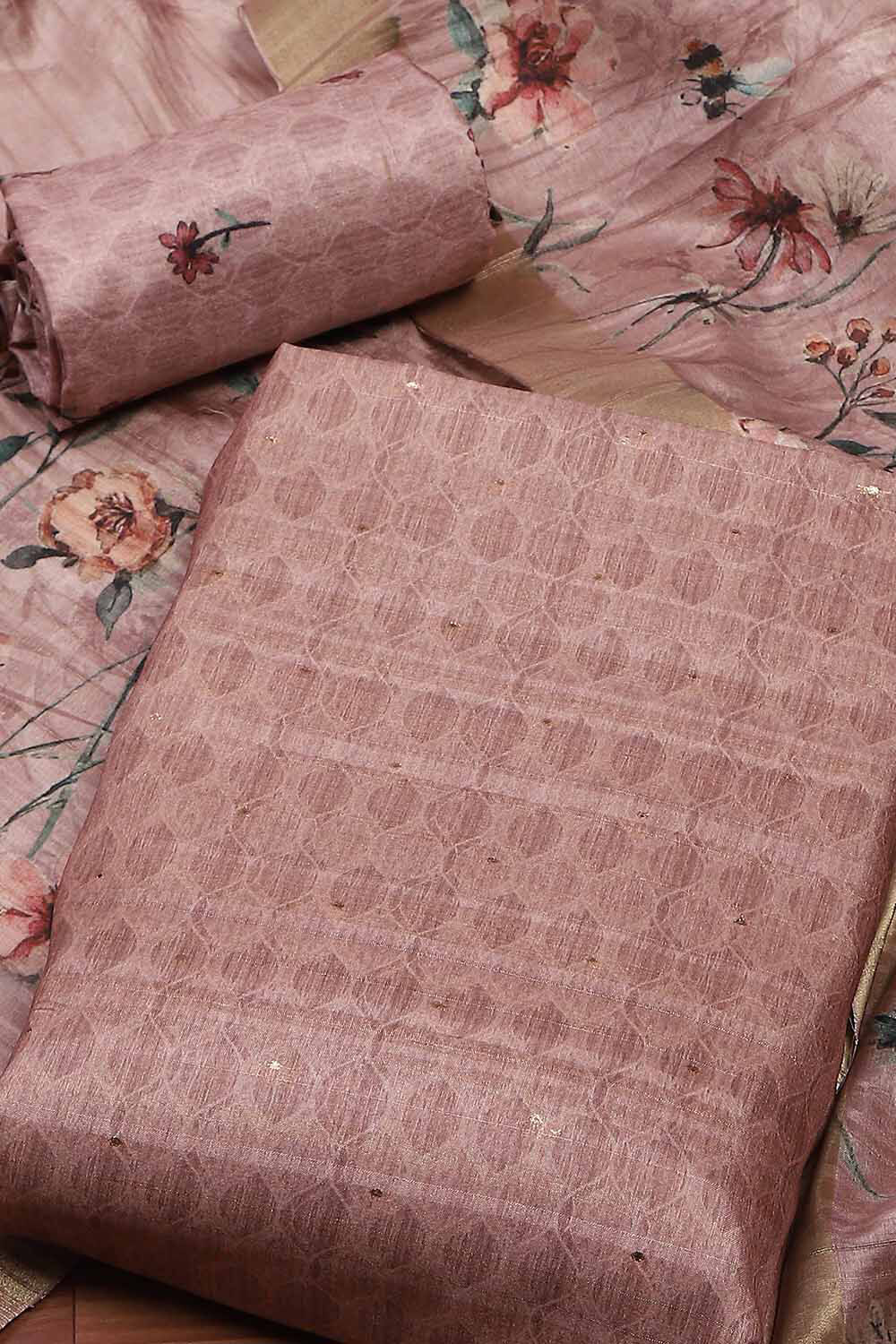 Peach Silk Tussar Handloom Unstitched Suit Set image number 0
