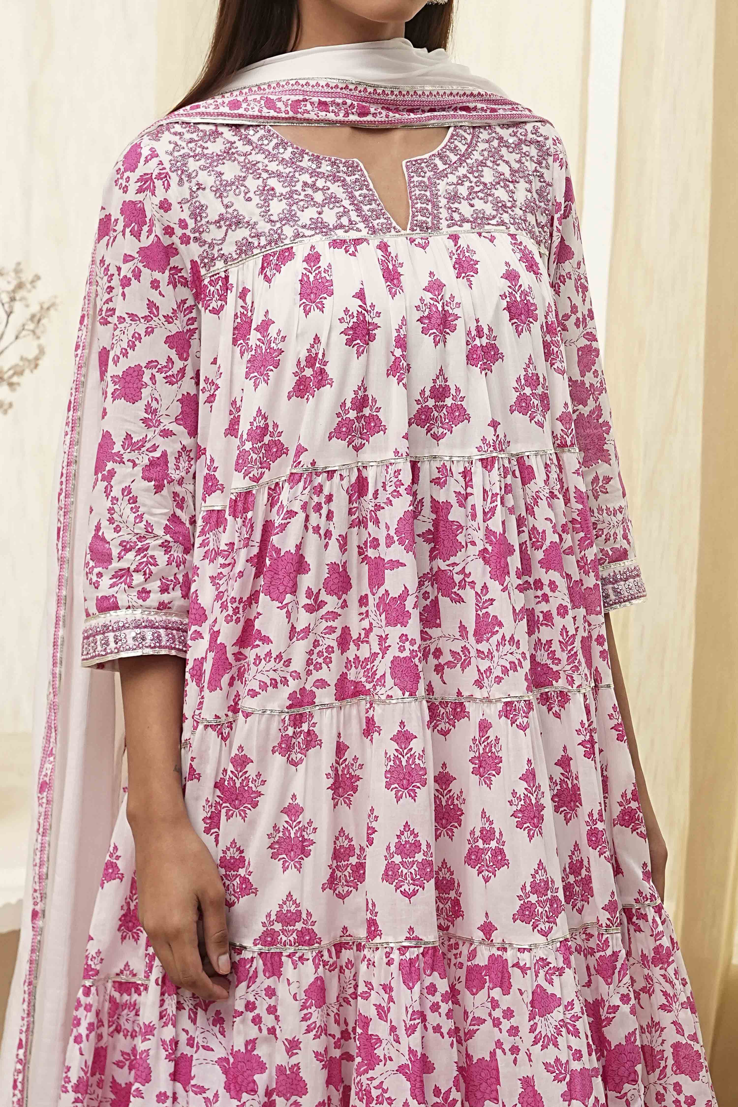 Off-White and Pink Cotton Floral Tiered Suit Set image number 1