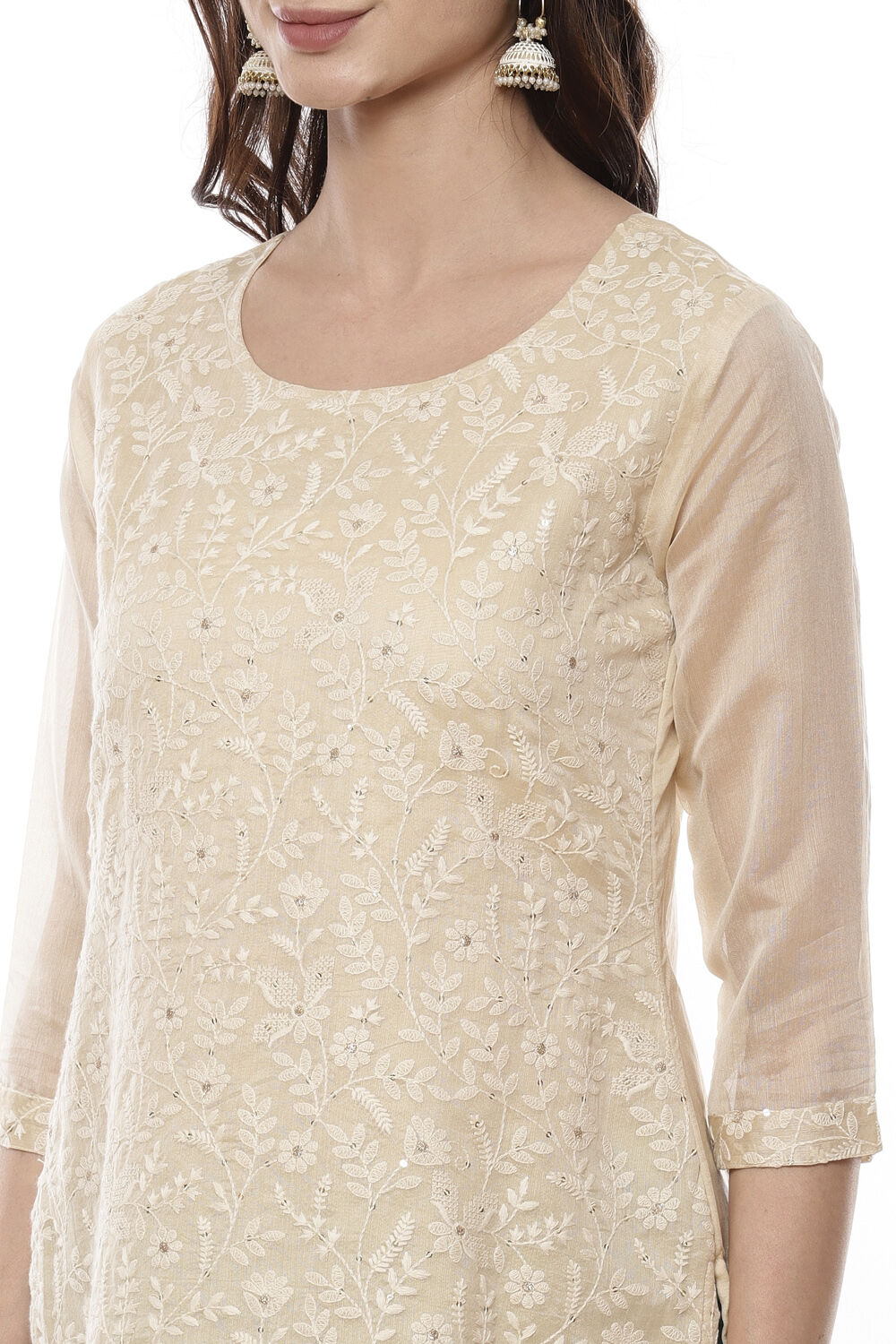 Beige Cotton Blend Machine Embroidered Unstitched Suit Set image number 1