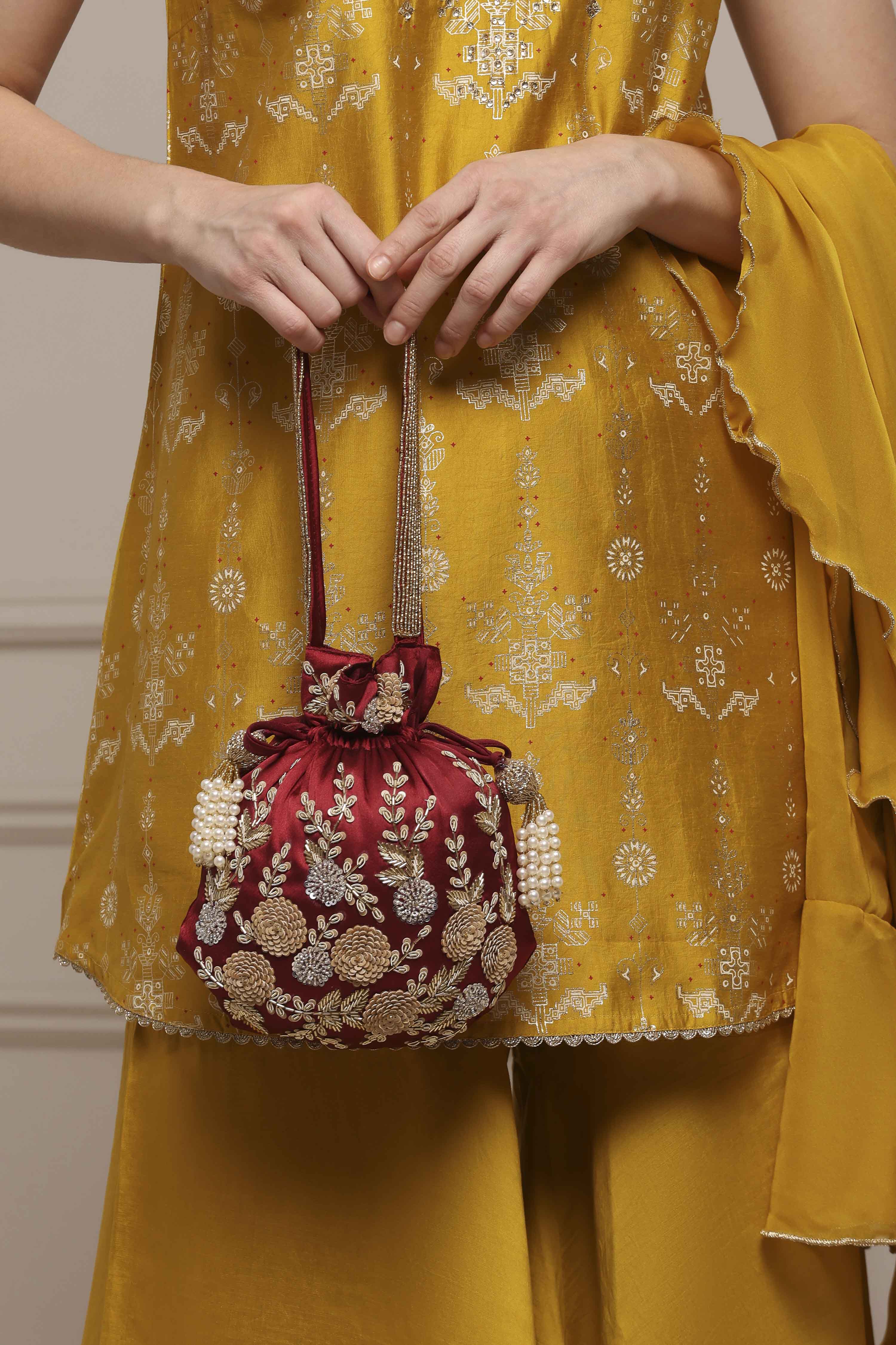 Maroon Fabric Potli Bag image number 7