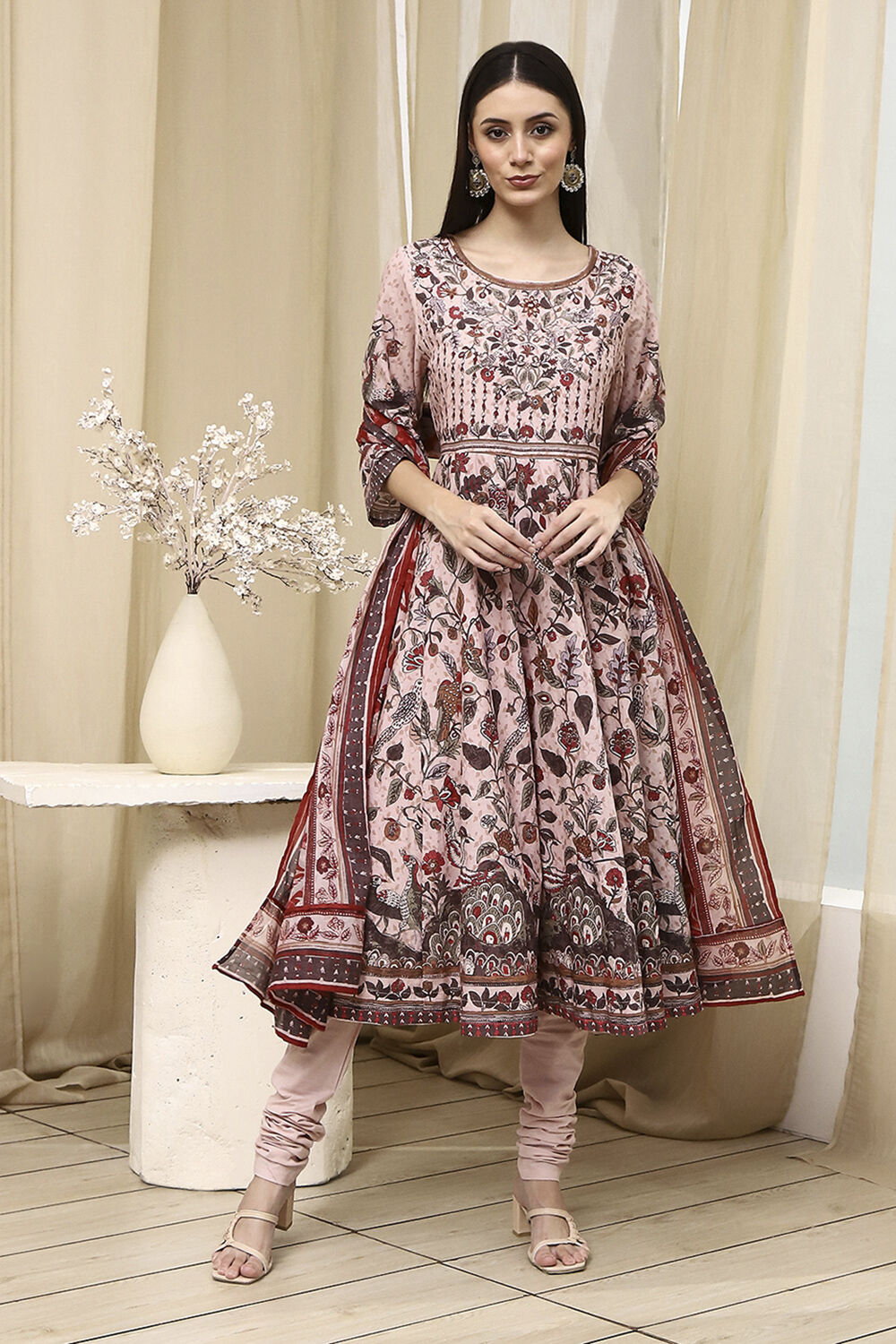Beige Cotton Anarkali Printed Kurta Suit Set image number 6