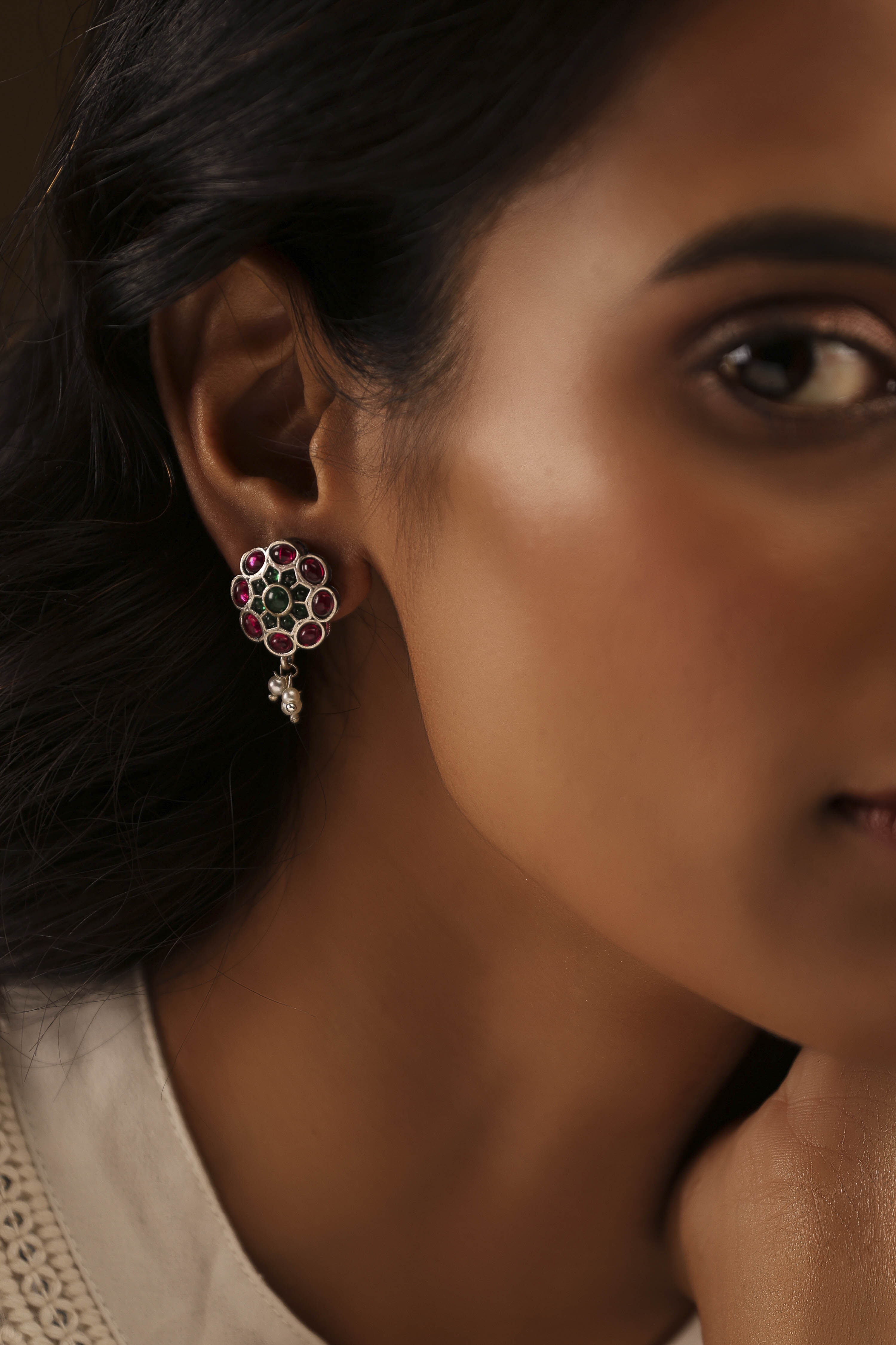 Green Pink Stone Embellished Earrings image number 1