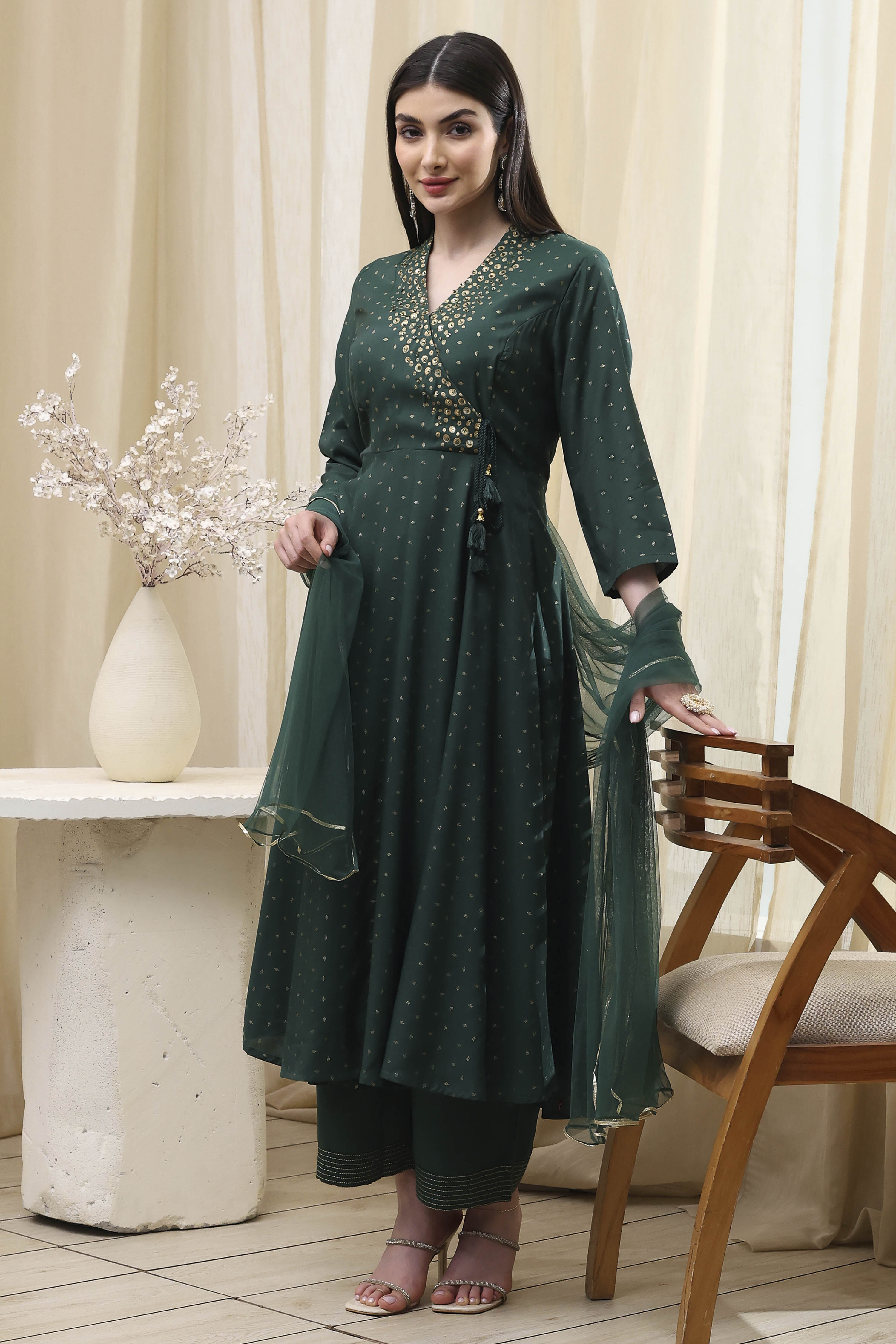 Dark Green Shantoon Printed Anarkali Suit Set image number 0