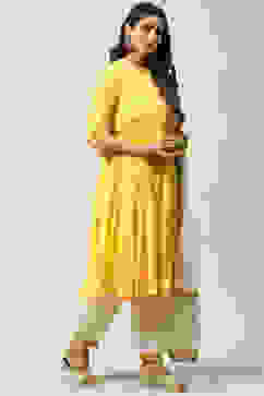 Yellow Cotton Flared Kalidar Kurta Slim Pant Suit Set image number 6