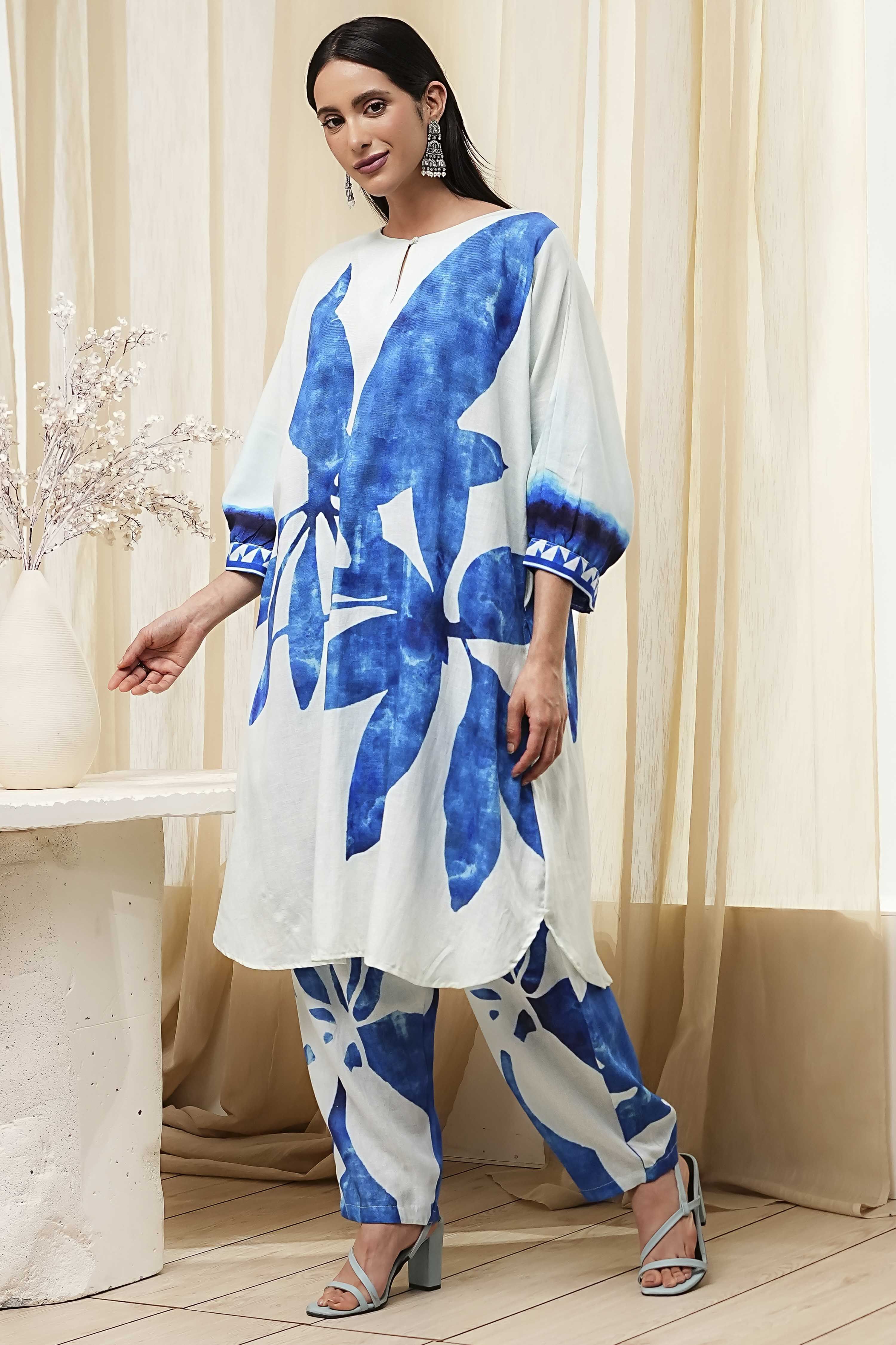 Indigo Blue and White Straight Co-ord Set image number 3