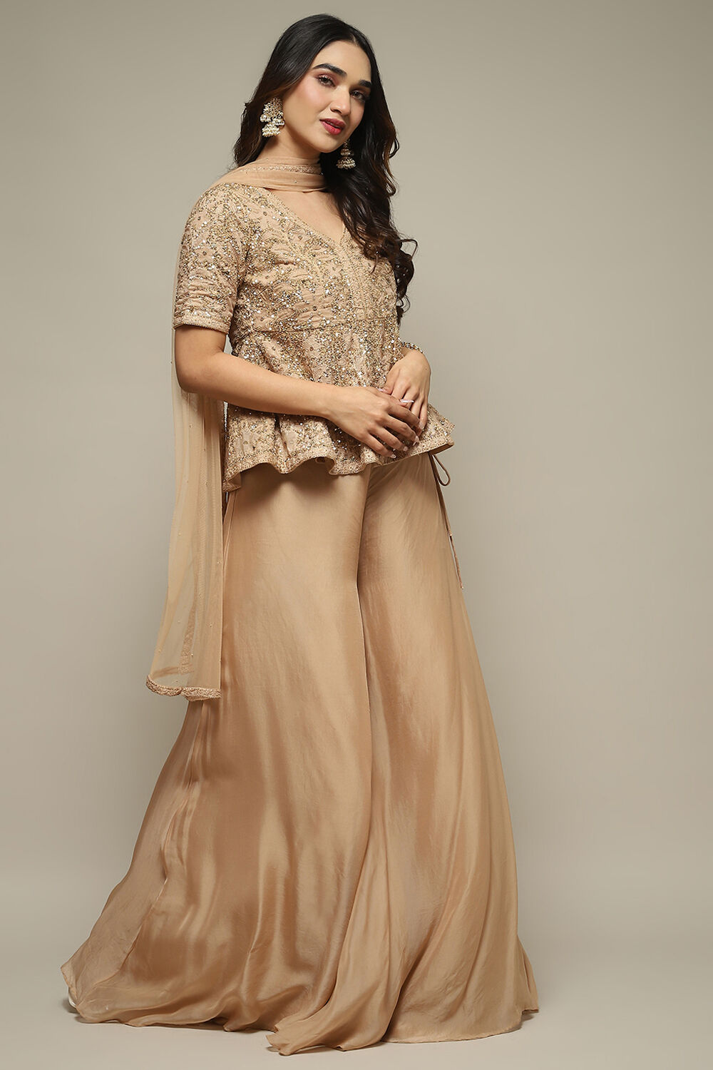 Beige Cotton Silk A-Line Embroidered Kurta Sharara Suit Set image number 6