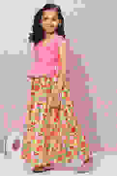 Coral Cotton Girls Lehenga Set image number 3