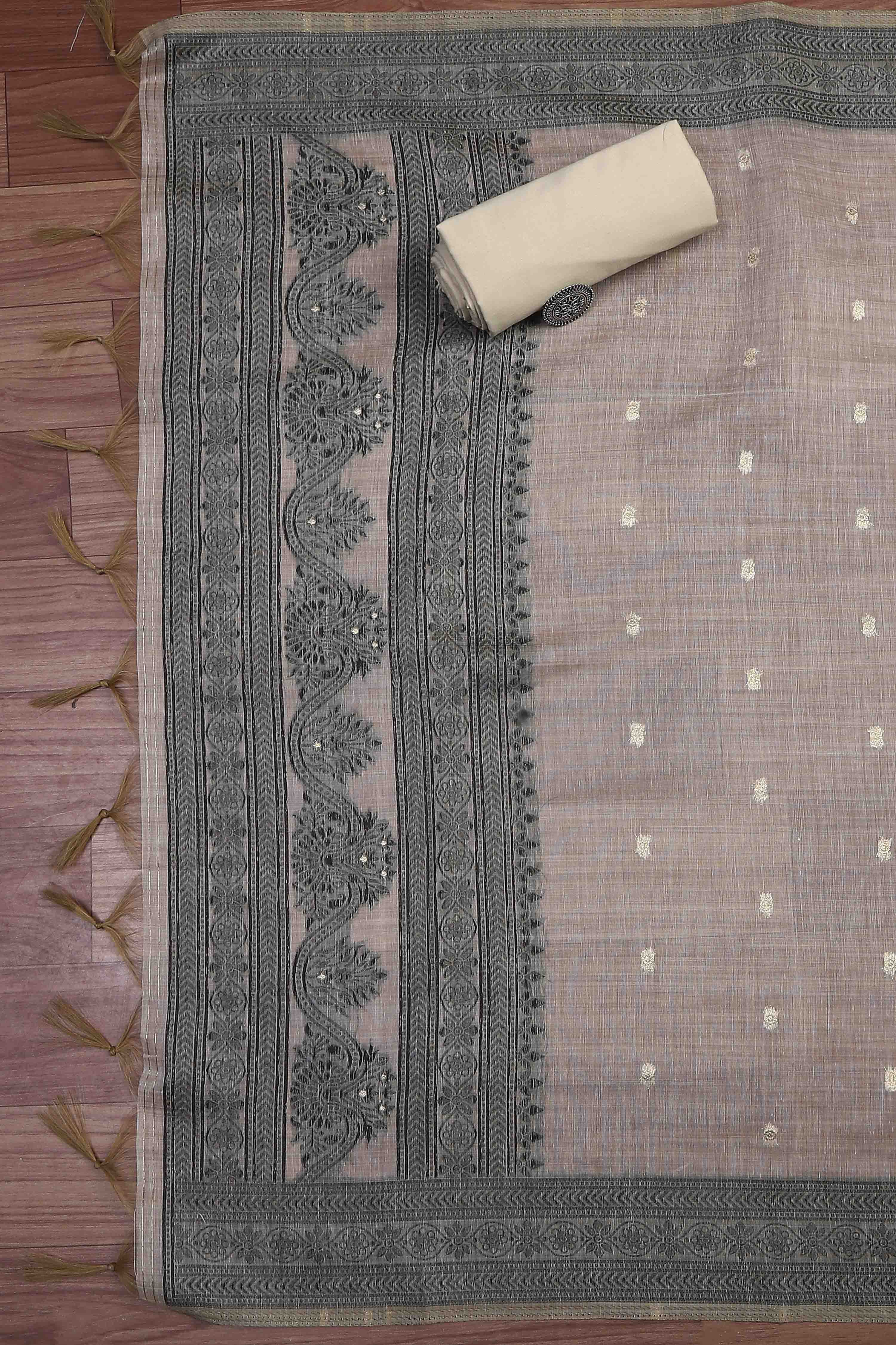 Blue Cotton Royal-Mughal Booti Print Unstitched Suit Set image number 3