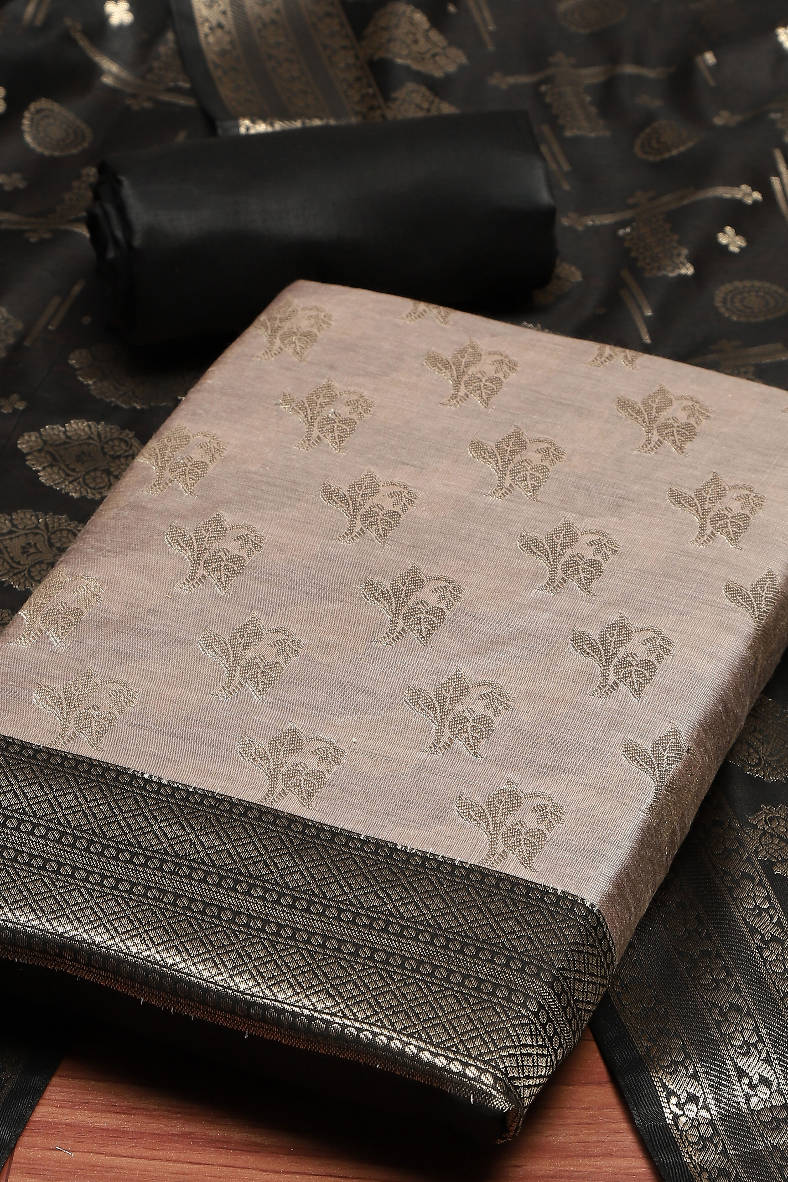 Wine Poly Silk Banarasi Unstitched Suit Set image number 2
