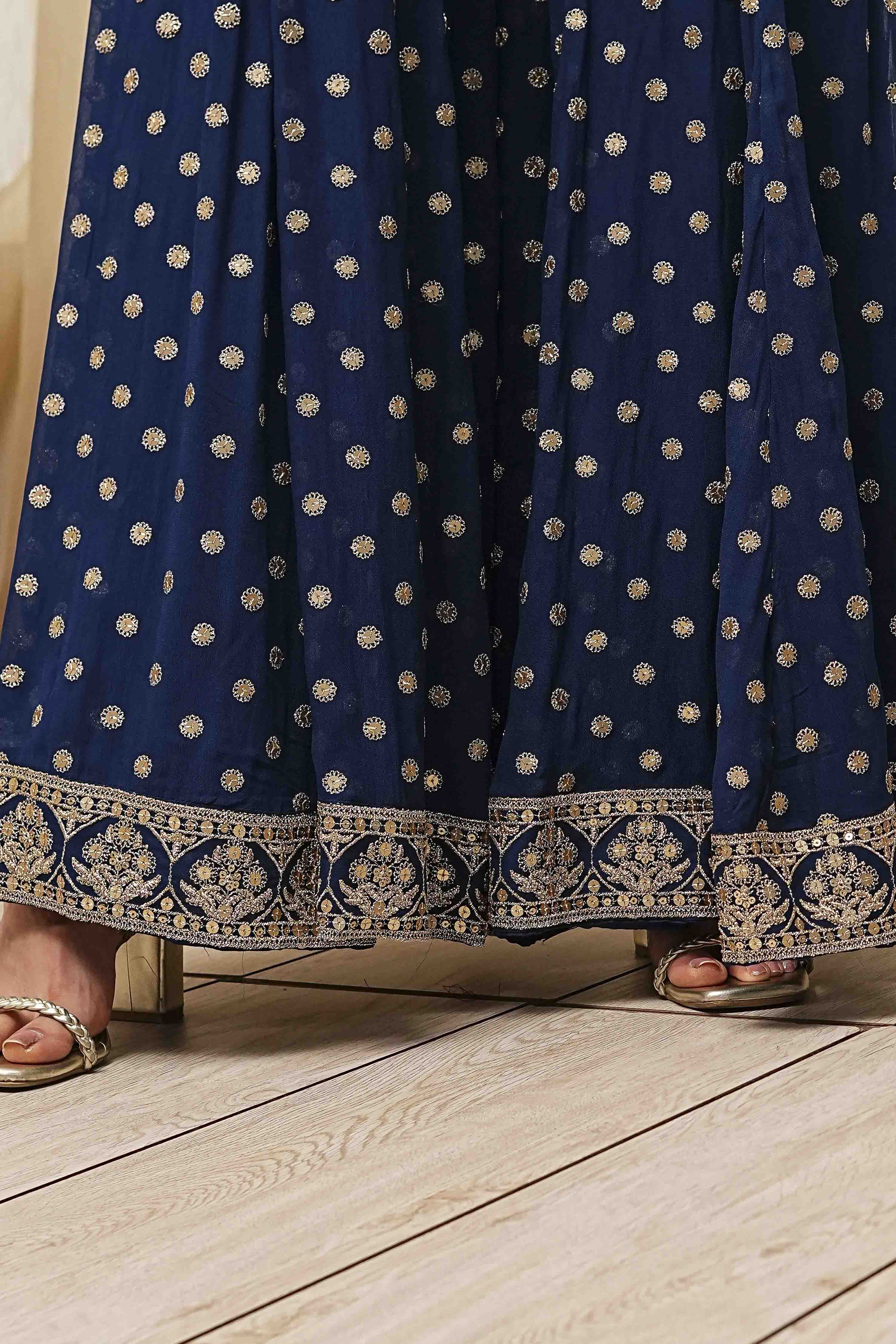 Teal Blue Georgette Embroidered Peplum Suit Set image number 3