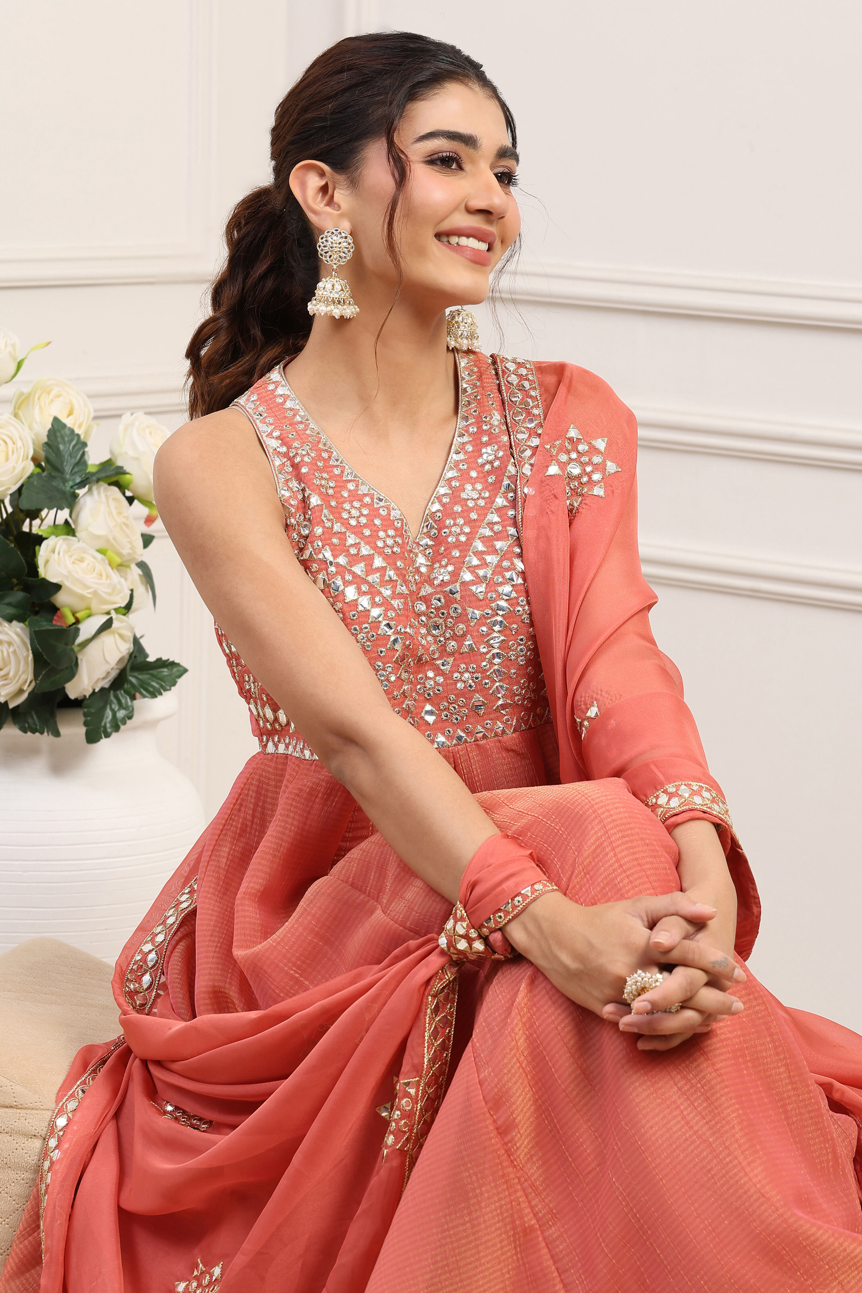 Coral Pink Poly Tissue Mirror Work Anarkali Dress With Dupatta image number 6