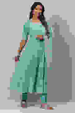 Turquoise Cotton Anarkali Kurta Churidar Suit Set image number 6