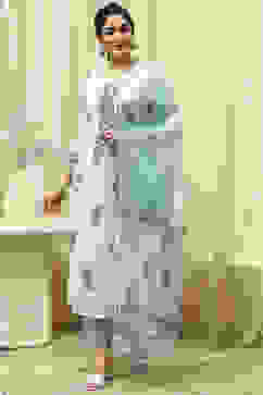 Blue Cotton Hand Block Print Unstitched Suit Set image number 2