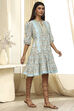 Blue Cotton Floral Printed Tiered Dress image number 4