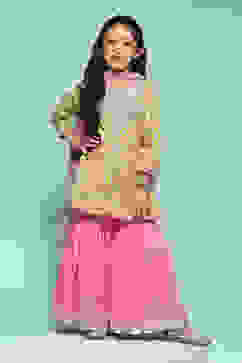 Lime Green Cotton Printed Kurta Garara Suit Set image number 7