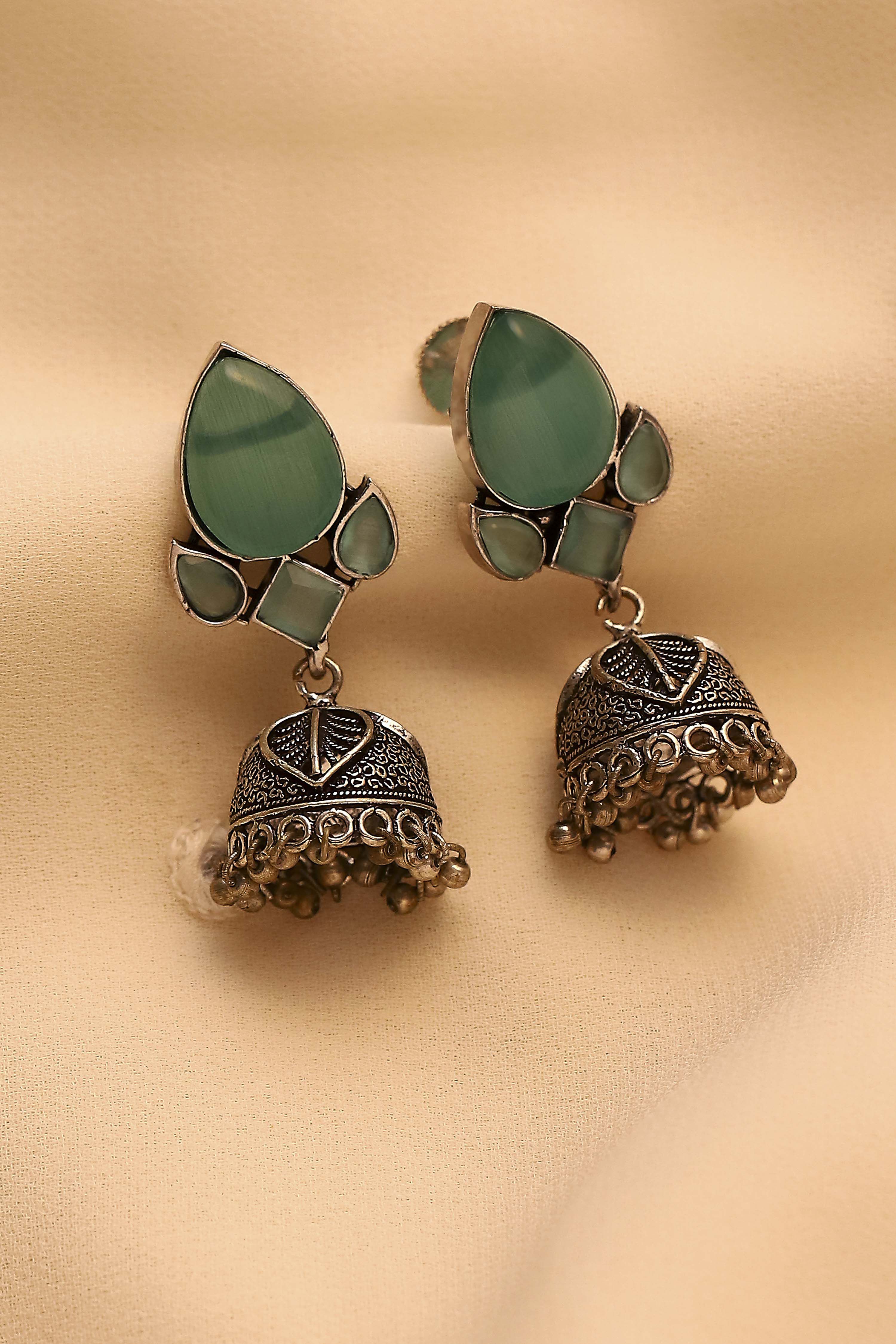 Mint Green Brass Oxidised Jhumka image number 0