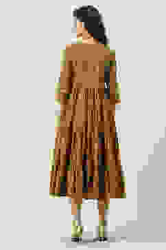 Ochre Cotton Printed Flared Tiered Dress image number 4