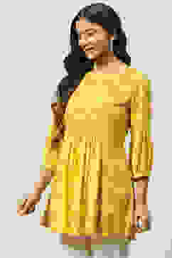 Mustard LIVA Flared Printed Short Kurti image number 2