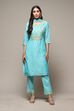 Turquoise Yarndyed A-Line Kurta Regular Pants Suit Set image number 7