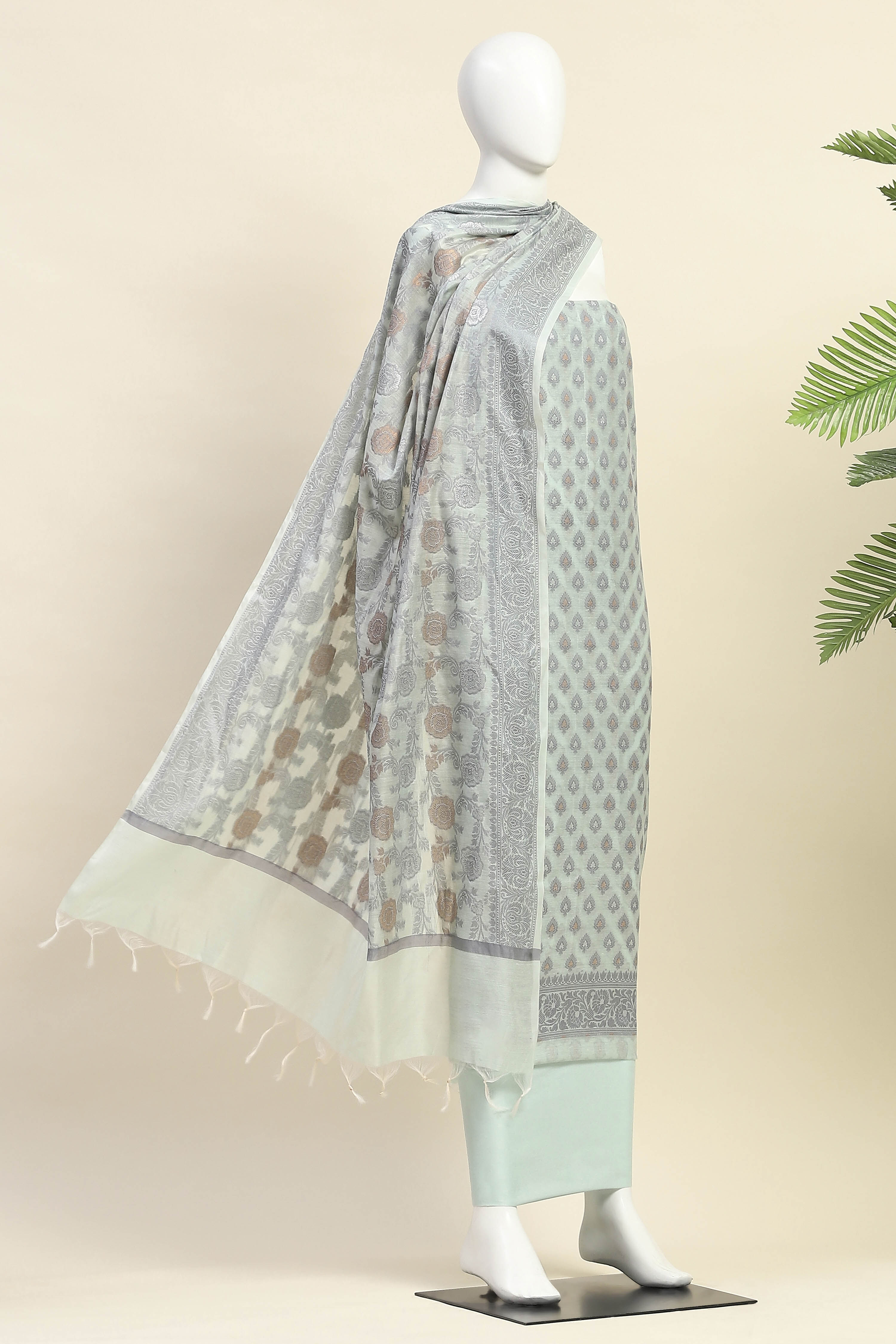 Sage Green Cotton Printed Embroidered Unstitched Suit Set image number 4