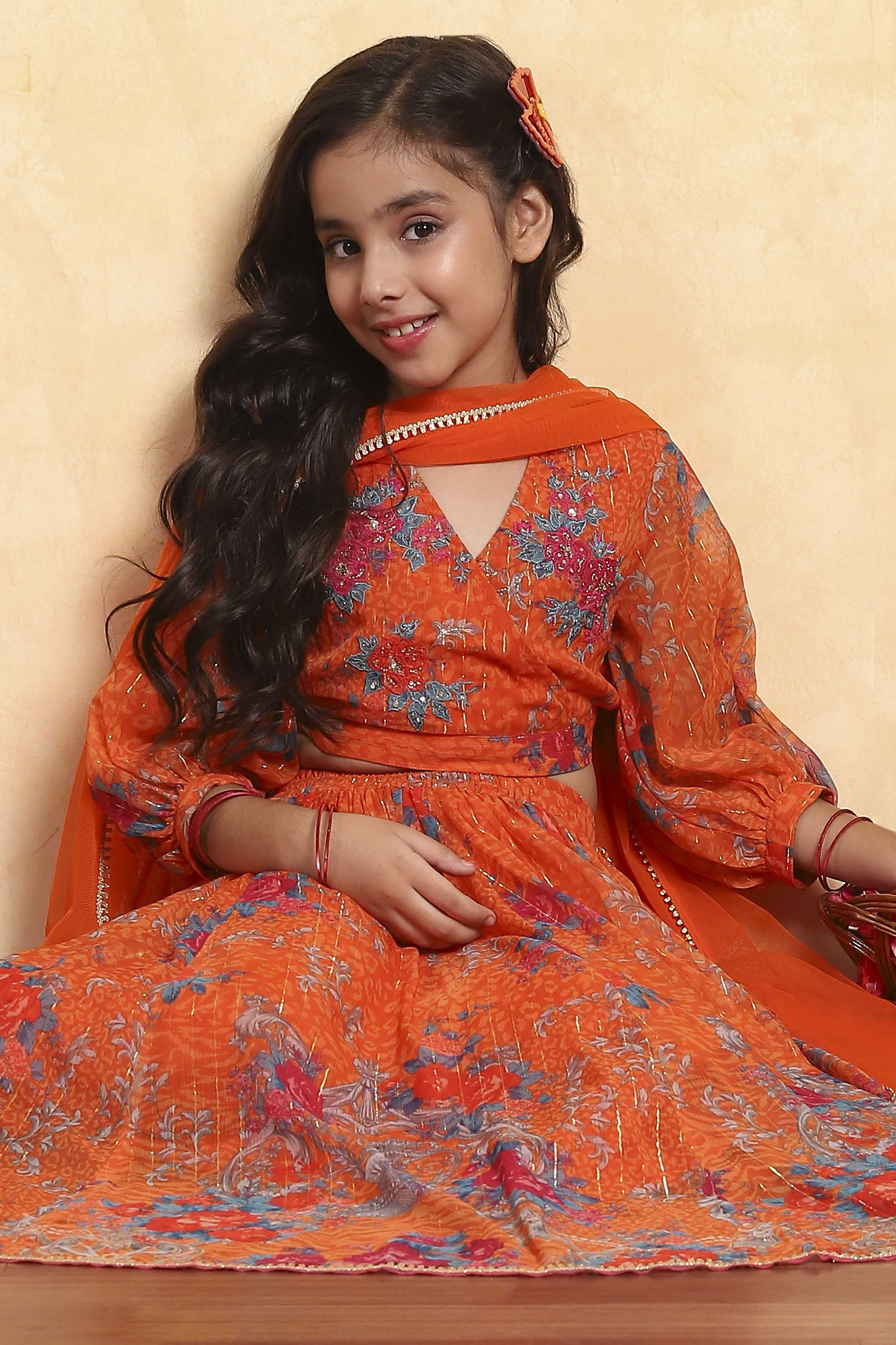 Orange Polyester Printed Kalidar Lehenga Set image number 0