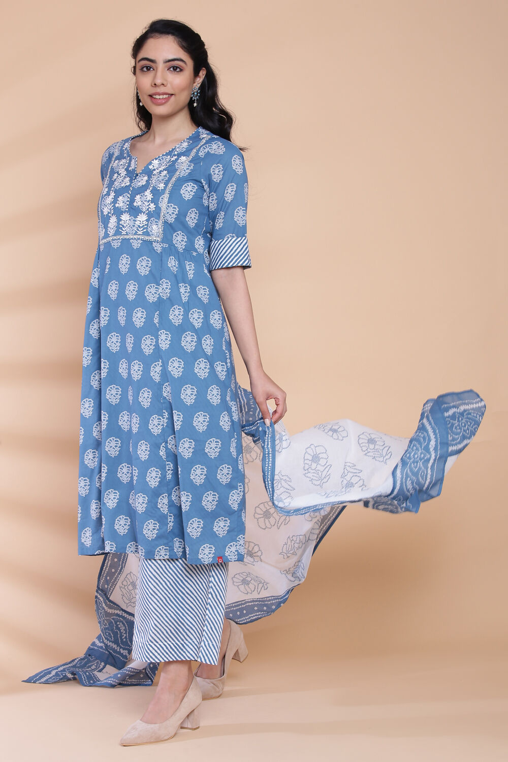 Blue Cotton Kalidar Kurta Palazzo Suit Set image number 0
