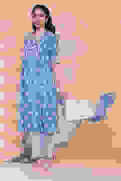 Blue Cotton Kalidar Kurta Palazzo Suit Set image number 0