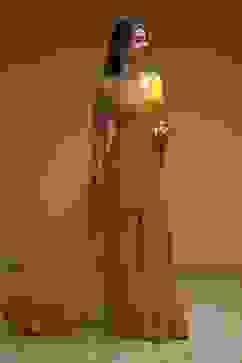 Lime Yellow Poly Chinnon Embroidered Pre-Draped Saree image number 4