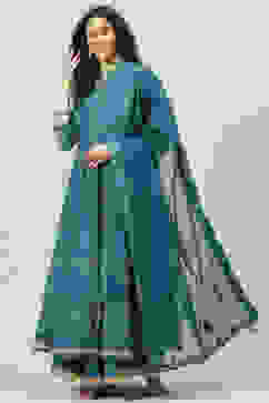 Teal Cotton Anarkali Kurta Skirt Suit Set image number 5